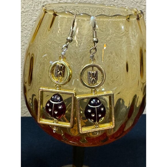 Handcrafted Ladybug Necklace & Earrings Set Red & Black Beaded With Gold Accent - Picture 6 of 8